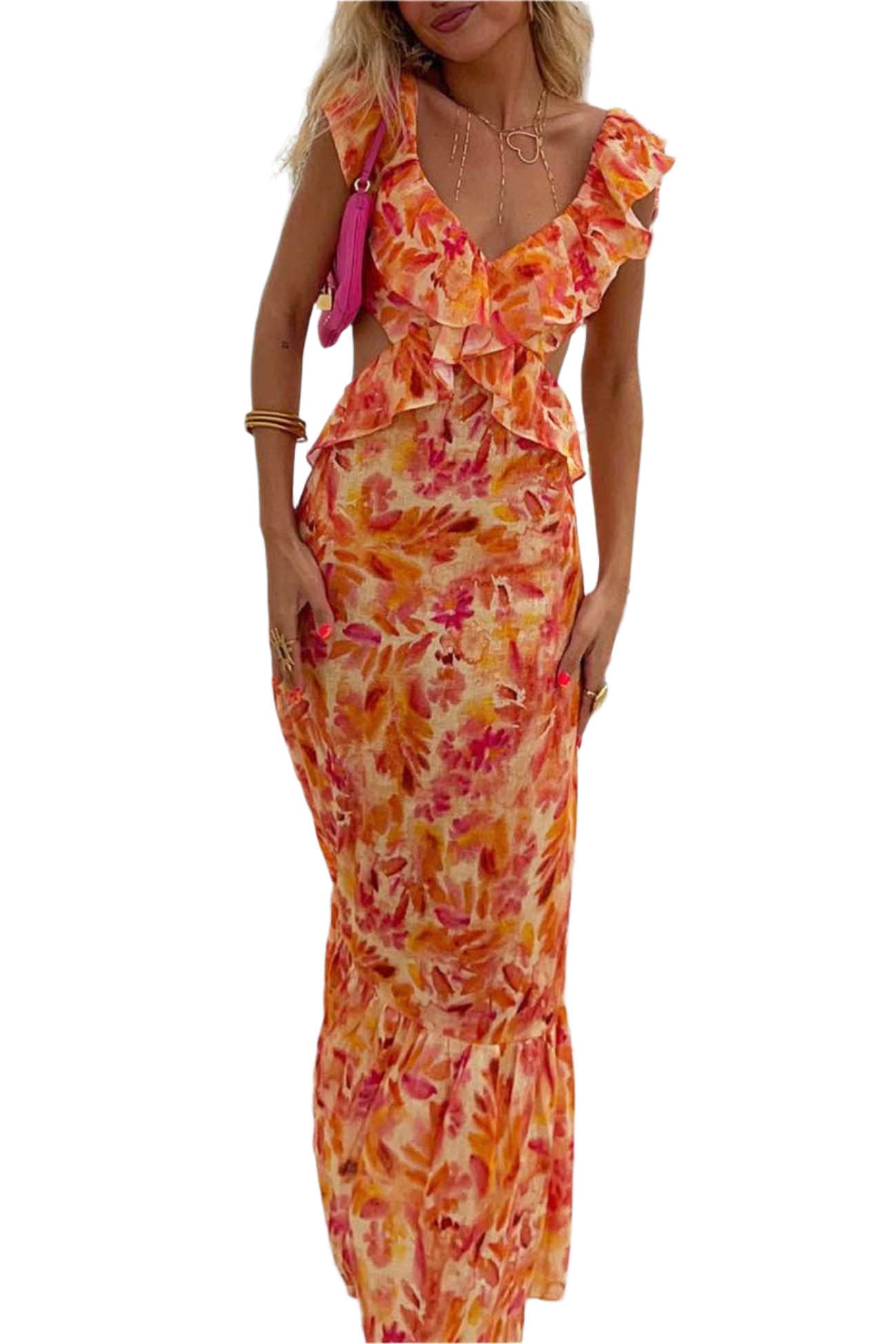 Summer long garden party dress with ruffles and vibrant print for women