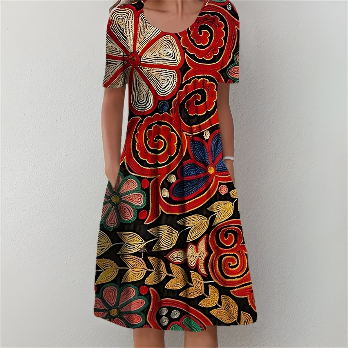 Elegant floral midi dress with pockets printed fluid chic summer