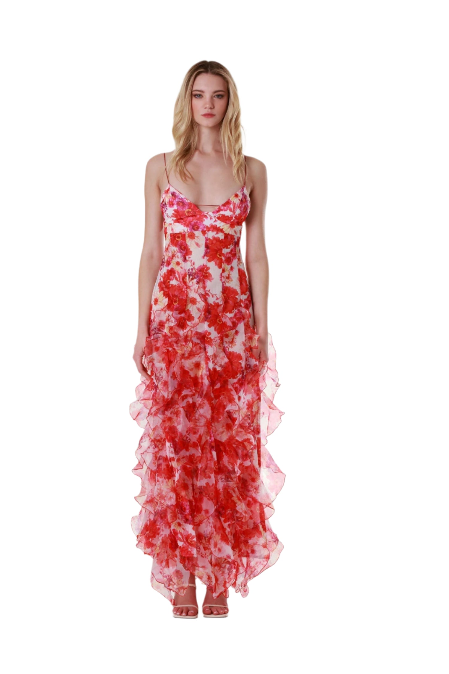 Long fluid floral print dress with flounced hem for women - summer elegance