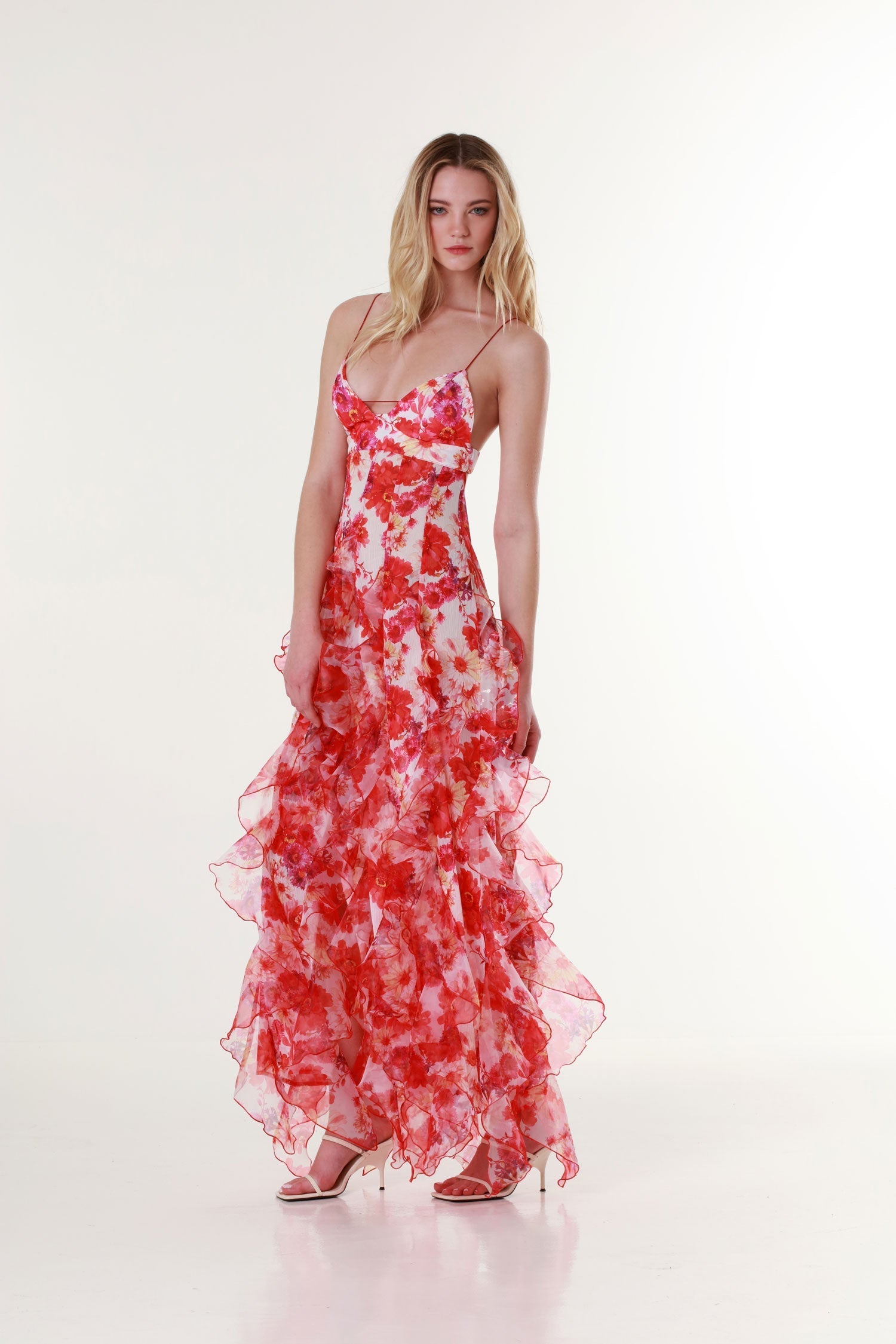 Long fluid floral print dress with flounced hem for women - summer elegance
