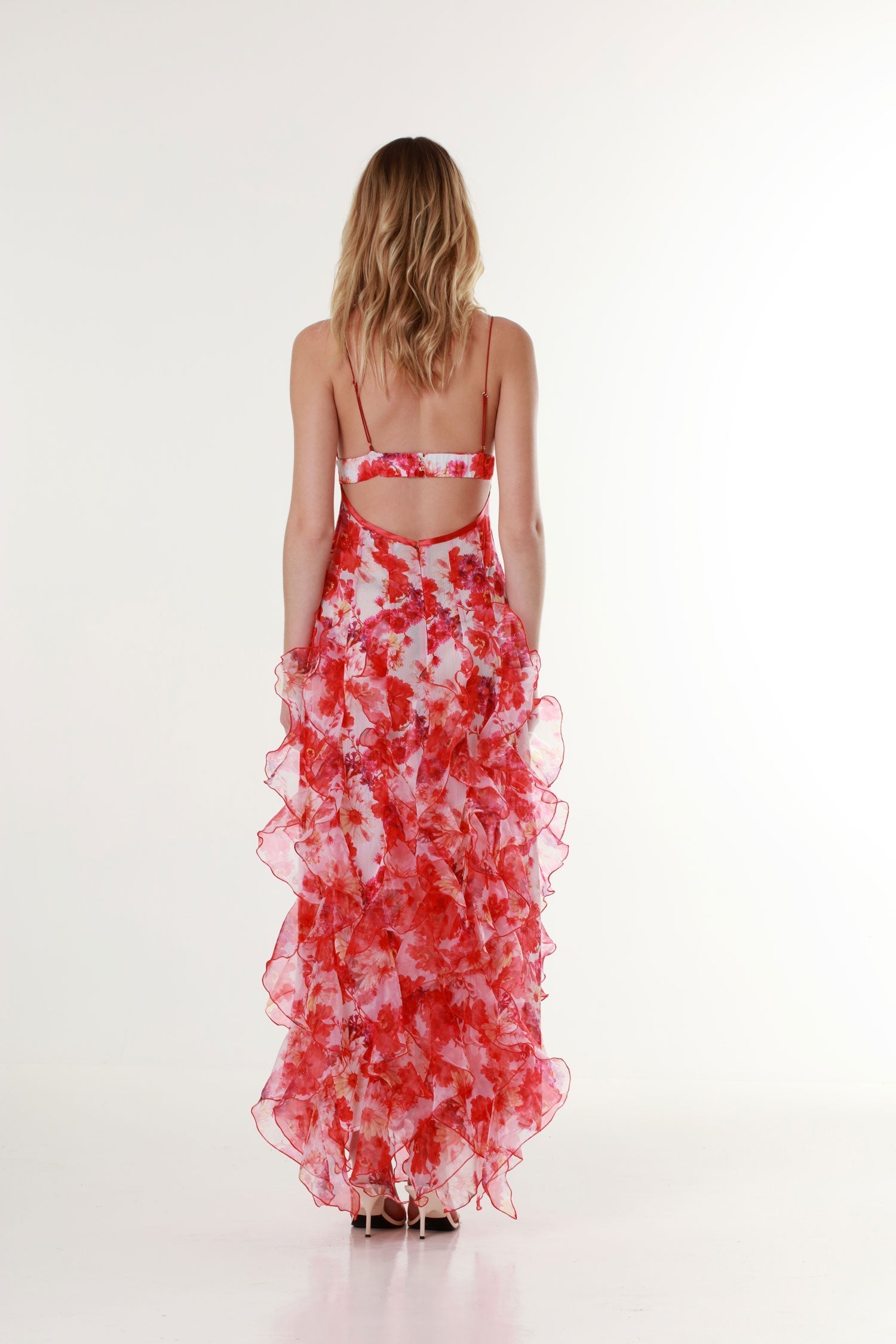 Long fluid floral print dress with flounced hem for women - summer elegance