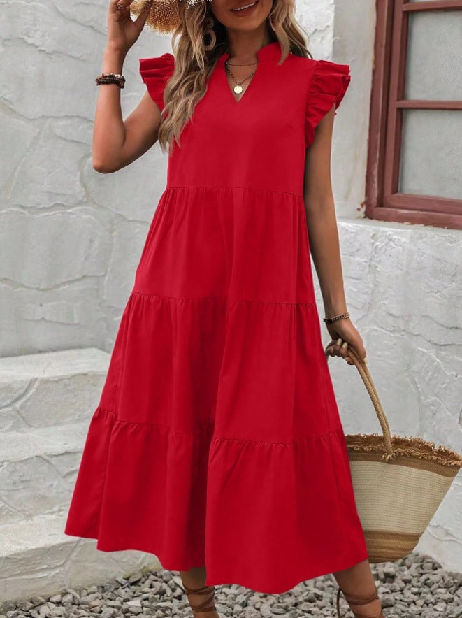Bohemian flounced hem midi loose summer chic ruffle dress for women