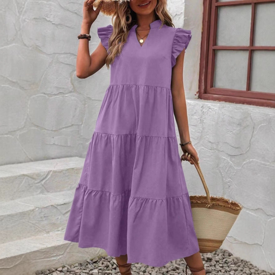 Bohemian flounced hem midi loose summer chic ruffle dress for women