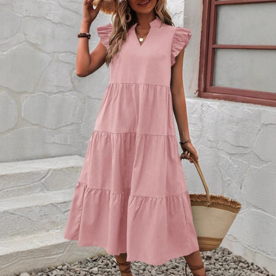 Bohemian flounced hem midi loose summer chic ruffle dress for women