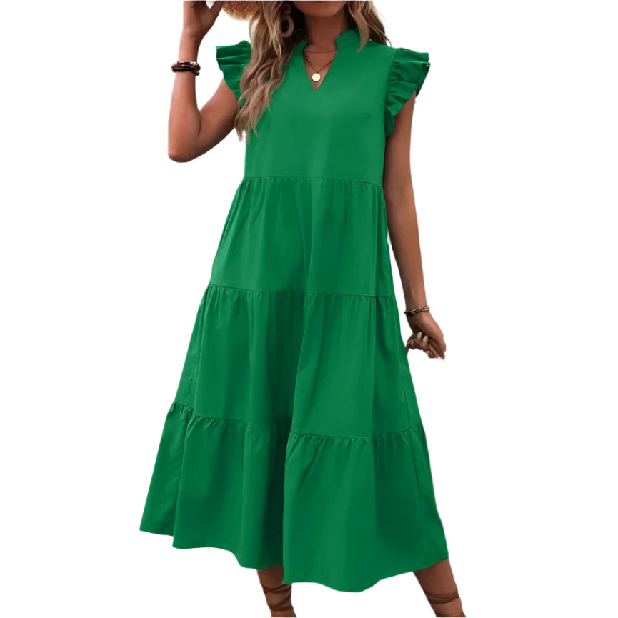 Bohemian flounced hem midi loose summer chic ruffle dress for women