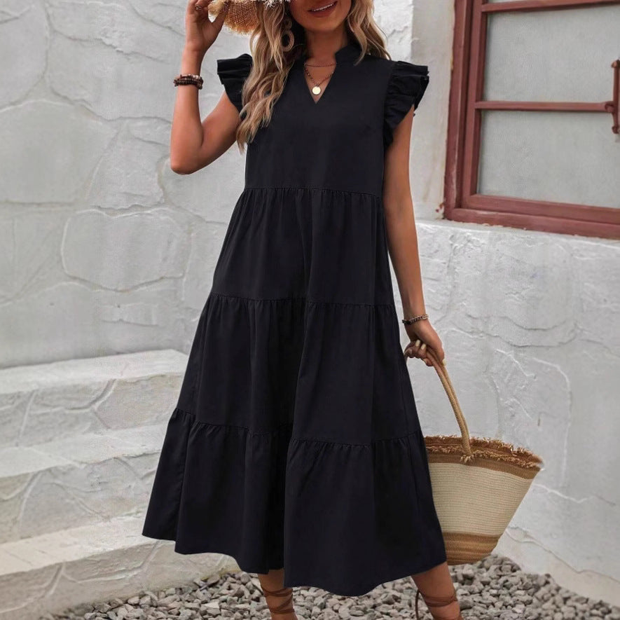 Bohemian flounced hem midi loose summer chic ruffle dress for women