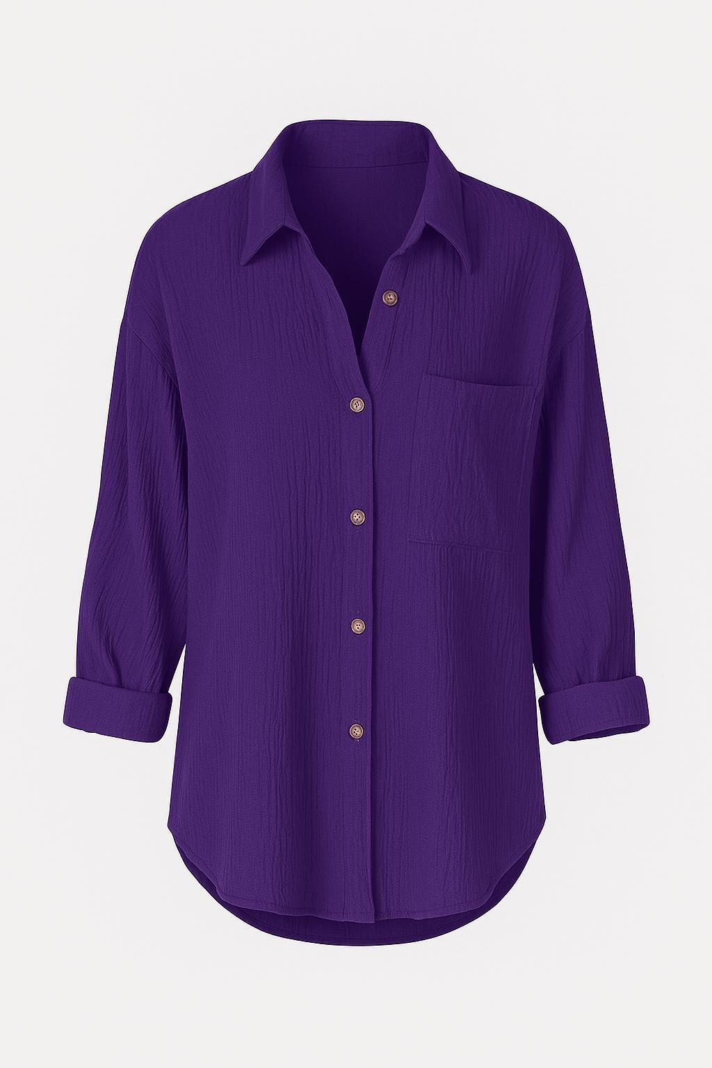 Ruched Button-Up Shirt – Front Pocket – Rolled Sleeves | Yvonne Eclat