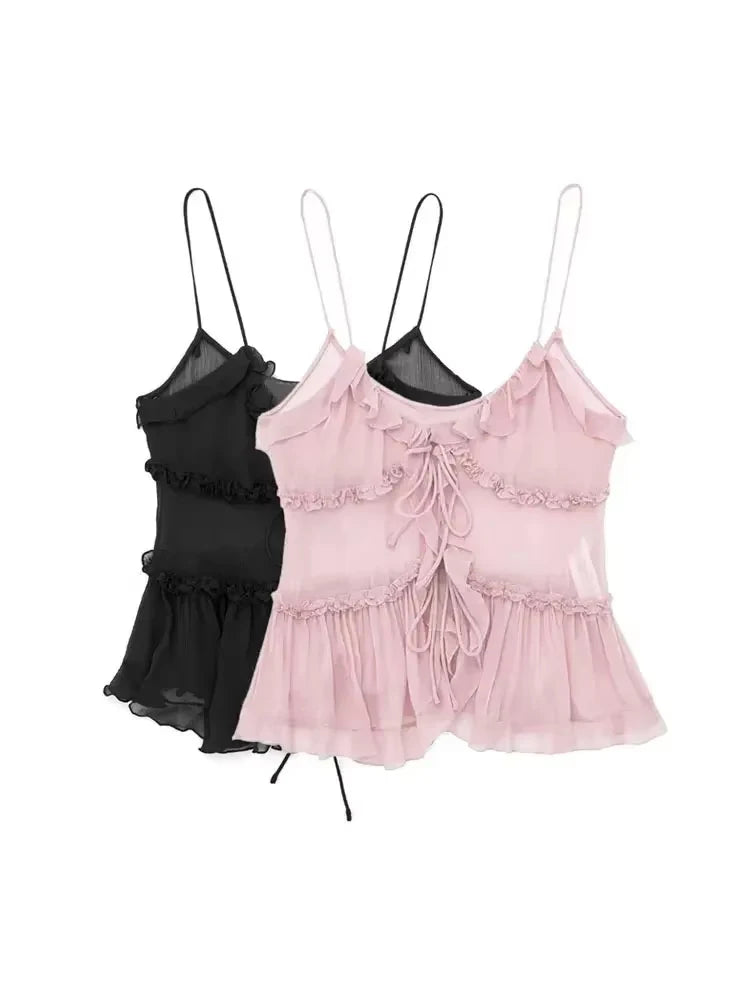 Flirty tops with ruffles on the front, semi-transparent, for women