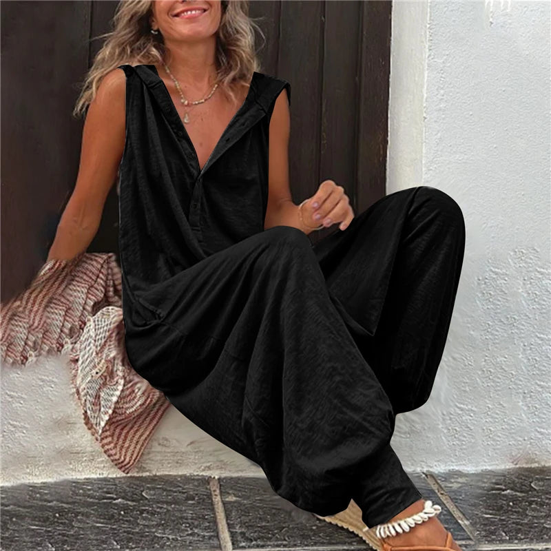 Combinaison en lin ample streetwear vintage avec capuche et poches
