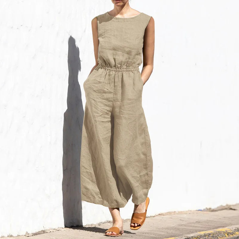 Combinaison en lin ample sans manches poches taille haute fluide