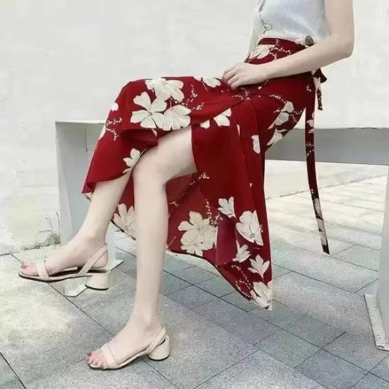 High-waisted long wrap skirt with floral details and slit for women
