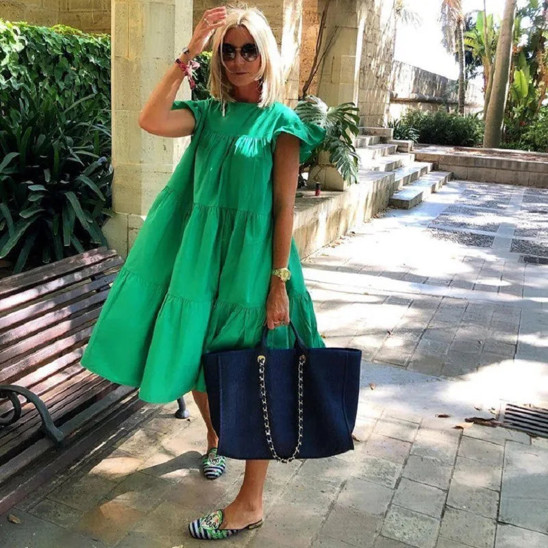 Oversized bohemian chic fluid flounced hem dress for women
