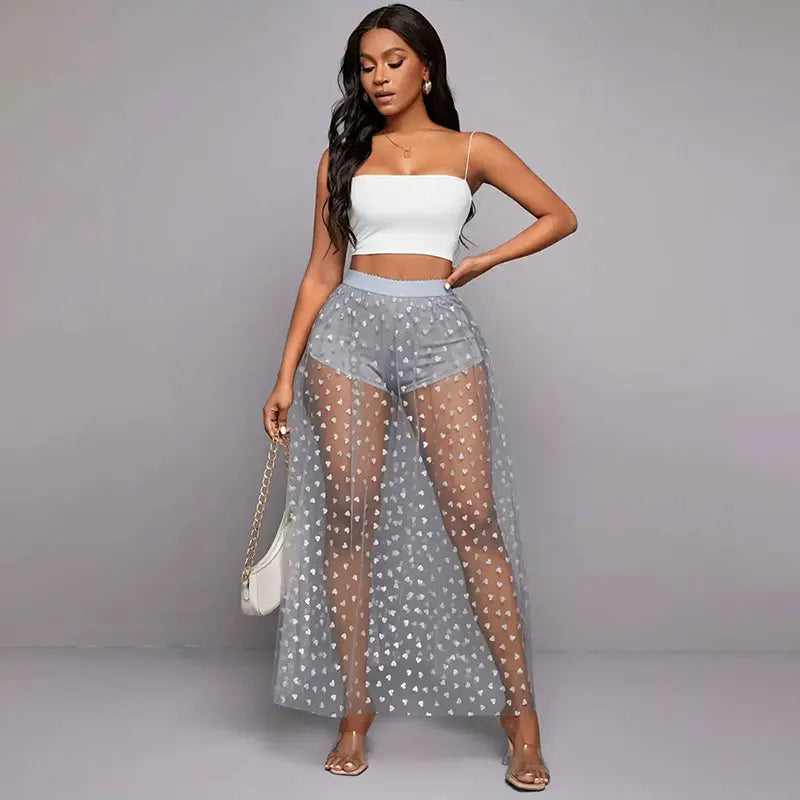 Long gothic high-waisted skirt in transparent lace for evening wear