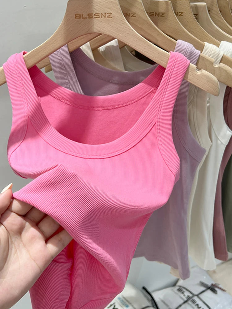 Elastic ribbed knit sleeveless round neck tank tops for women