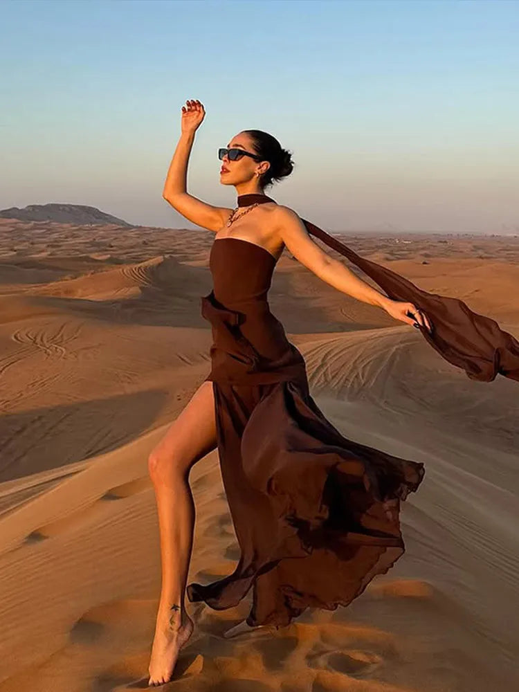 Robe plissée bustier – Robe de soirée dos nu à fente haute pour femme