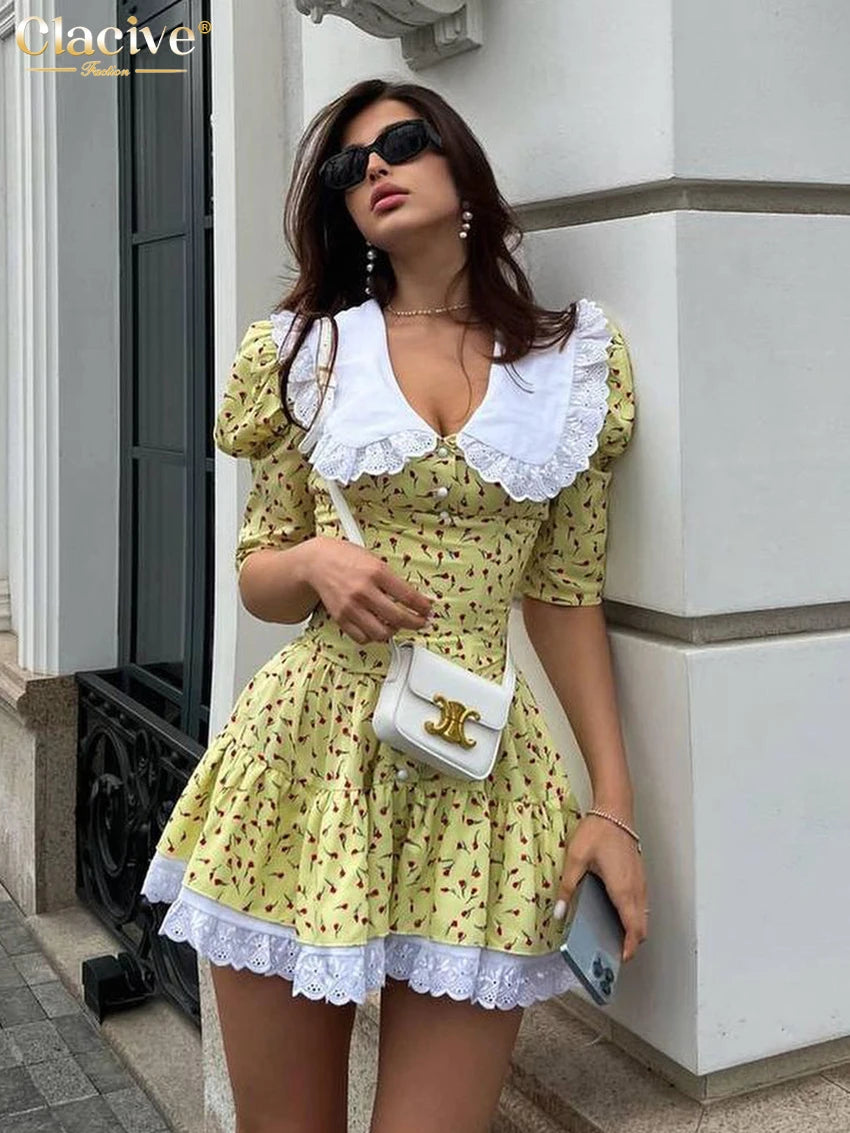 Printed mini bustier dress with flounced hem & tied straps