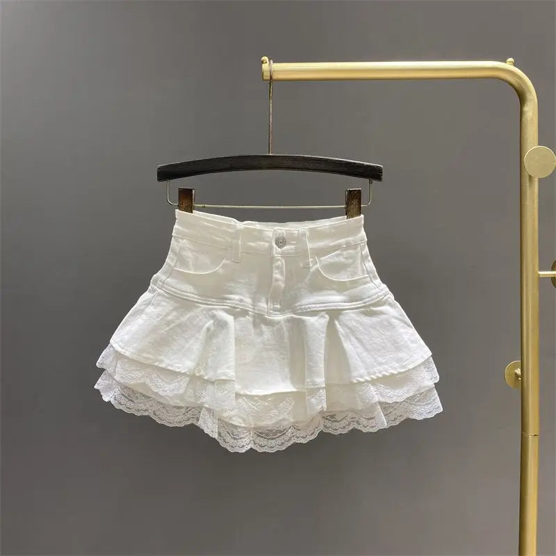 Mini-plisseret retro jeansnederdel til kvinder - Puffet nederdel med blonder