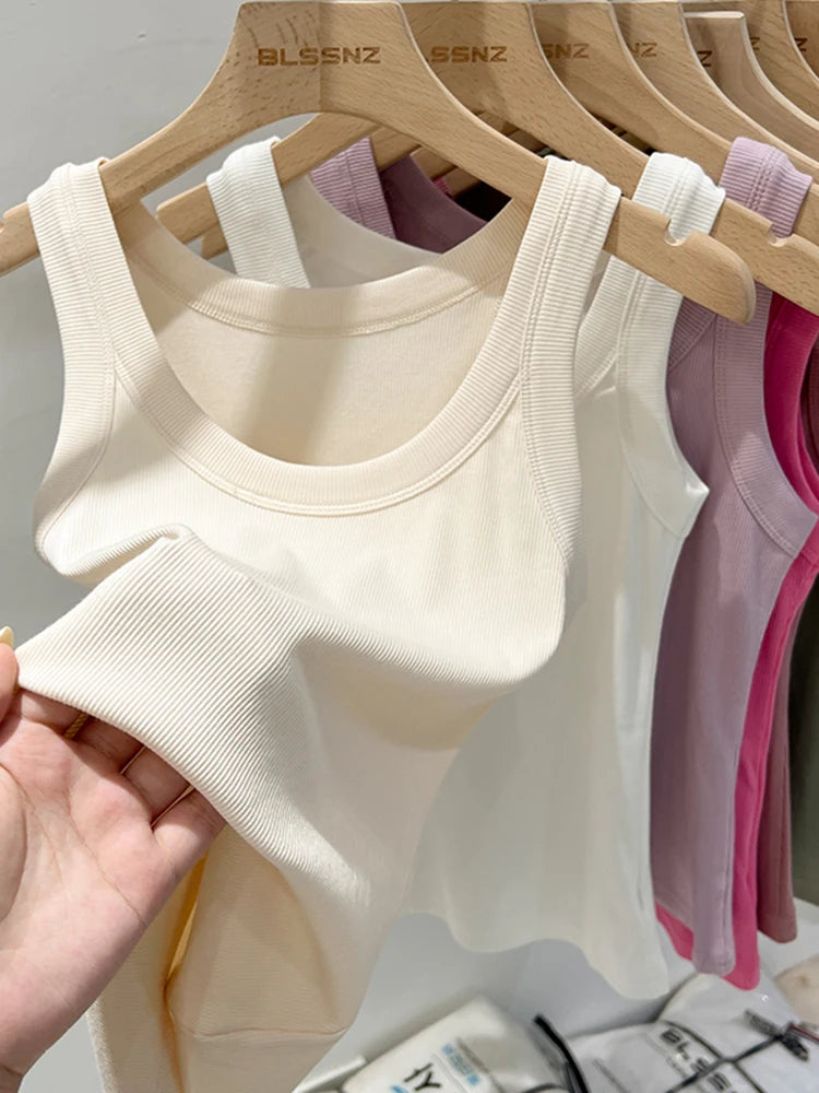 Elastic ribbed knit sleeveless round neck tank tops for women