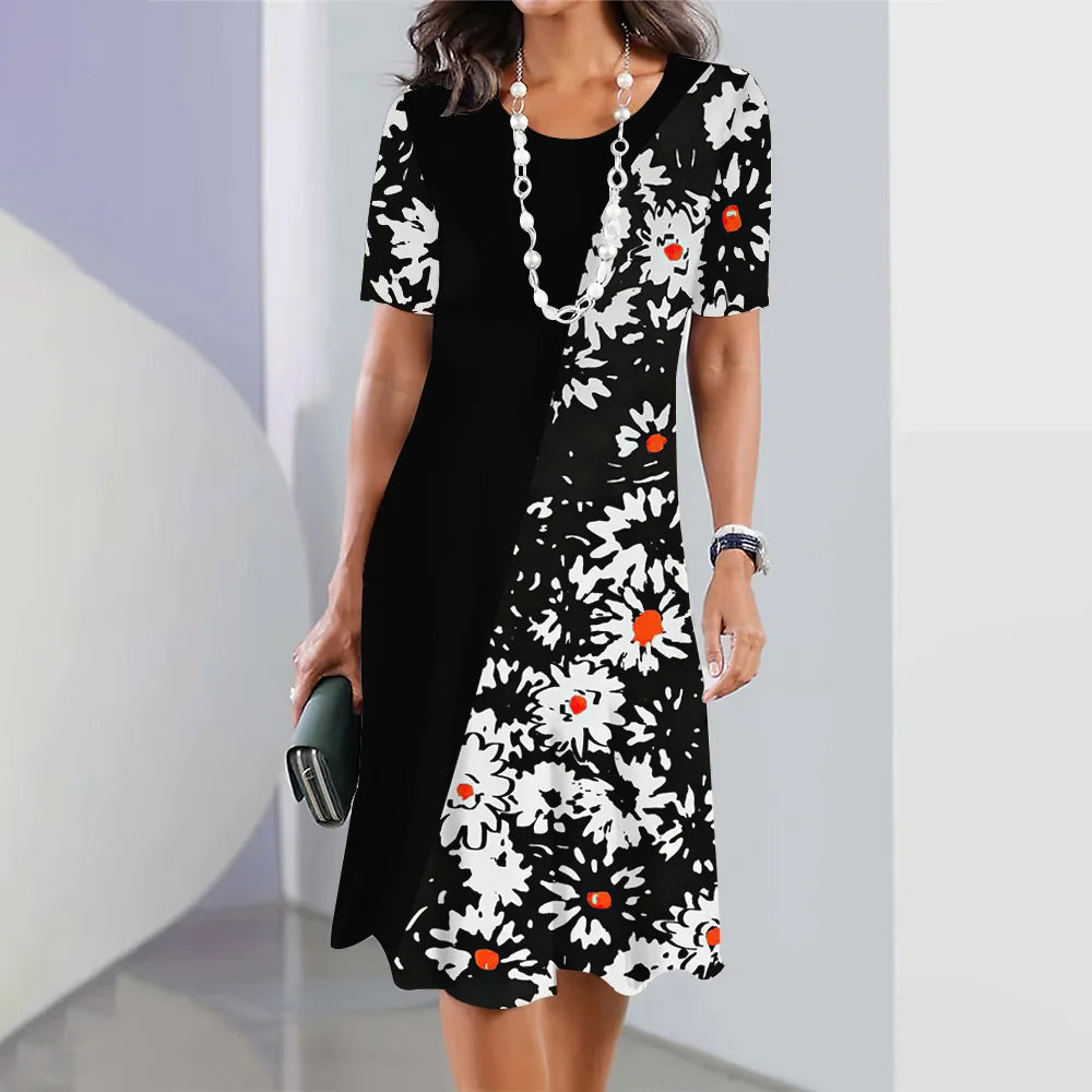 Floral midi dress with short sleeves, loose and elegant for women