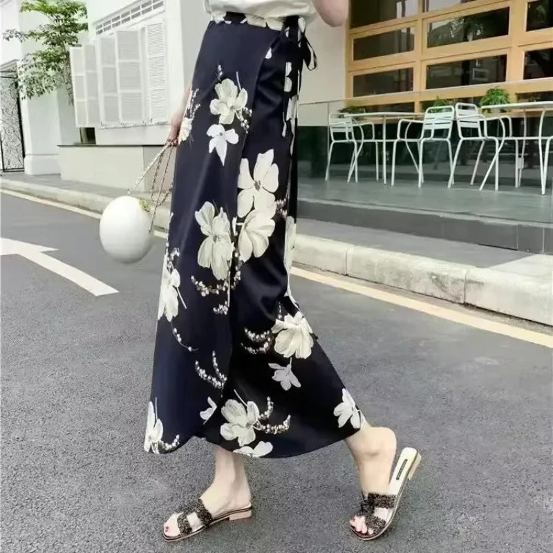 High-waisted long wrap skirt with floral details and slit for women