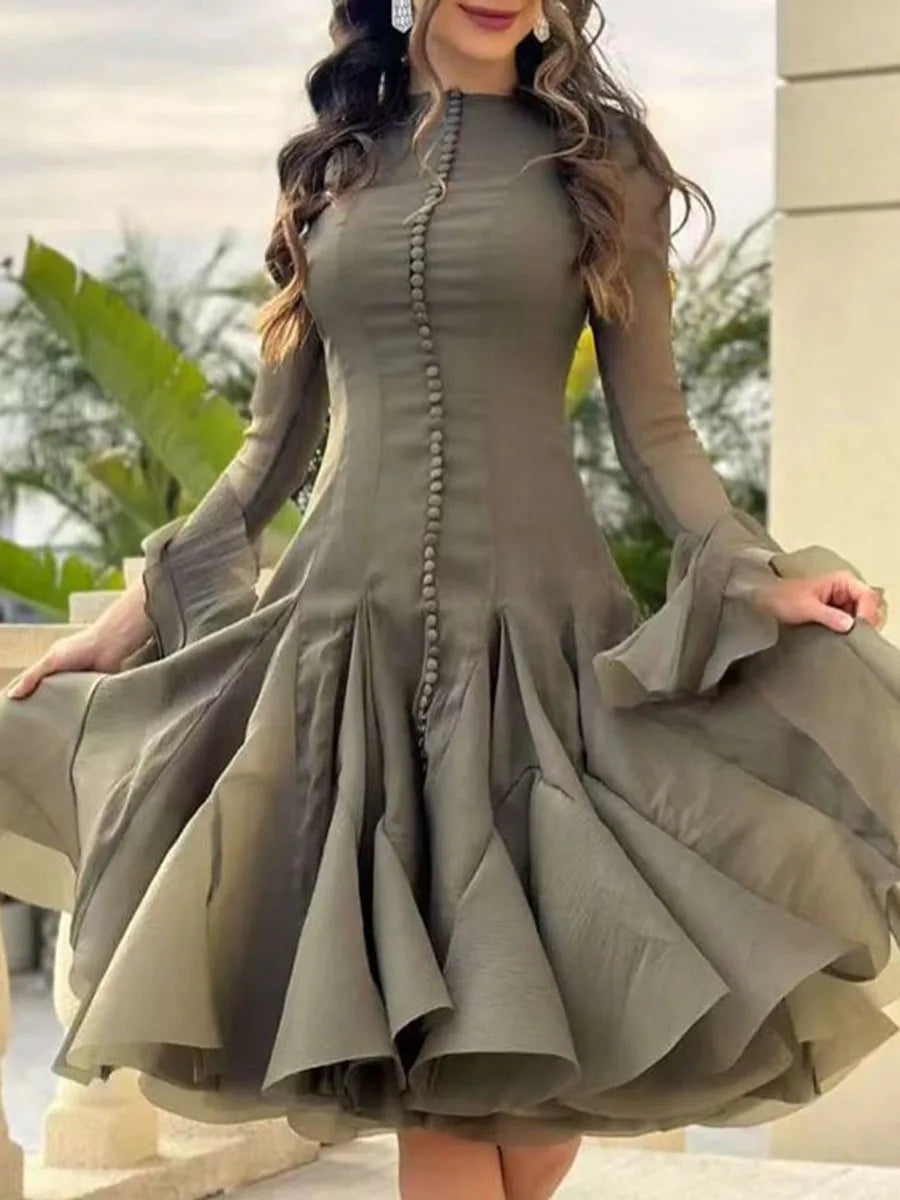Chic flounced hem dress with long sleeves and round collar for women