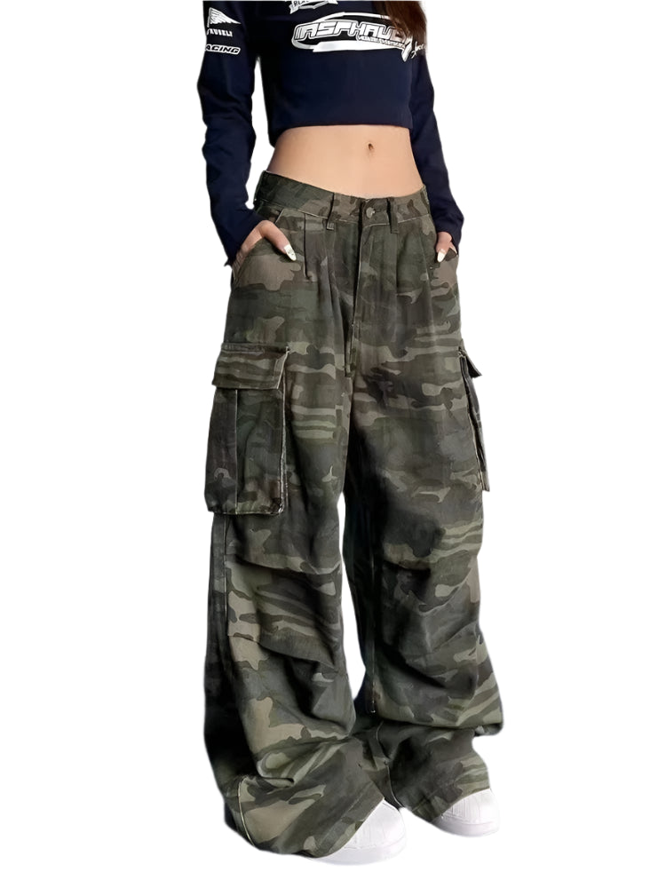 Pantalon cargo utilitaire taille haute à motif camouflage – Streetwear ample pour femme