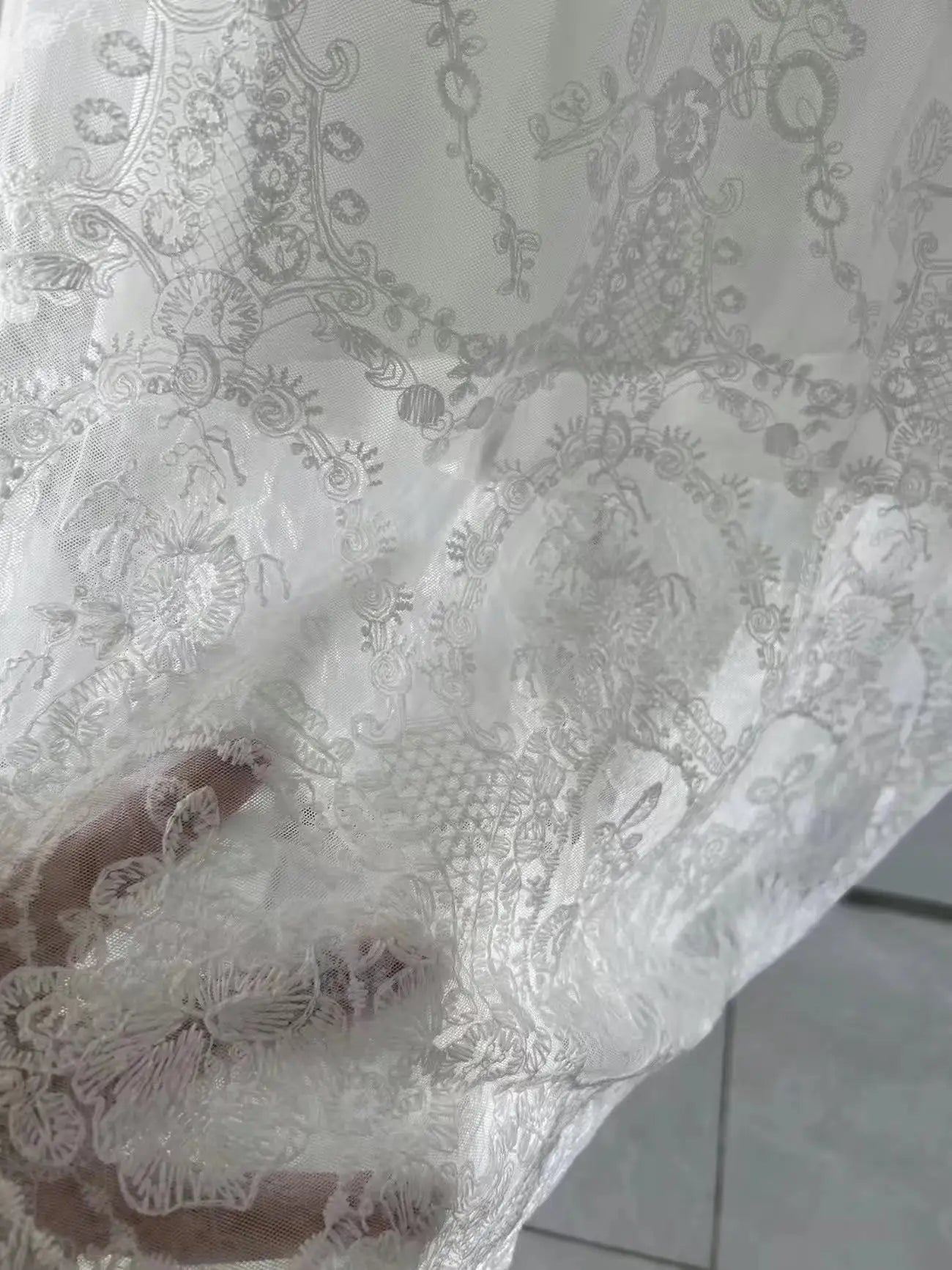 Long trapeze skirt high waist with lace, openwork details - elegant and soft