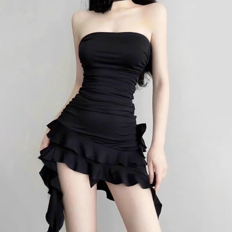 Dress with flounced hem, fitted bustier, asymmetrical, chic evening