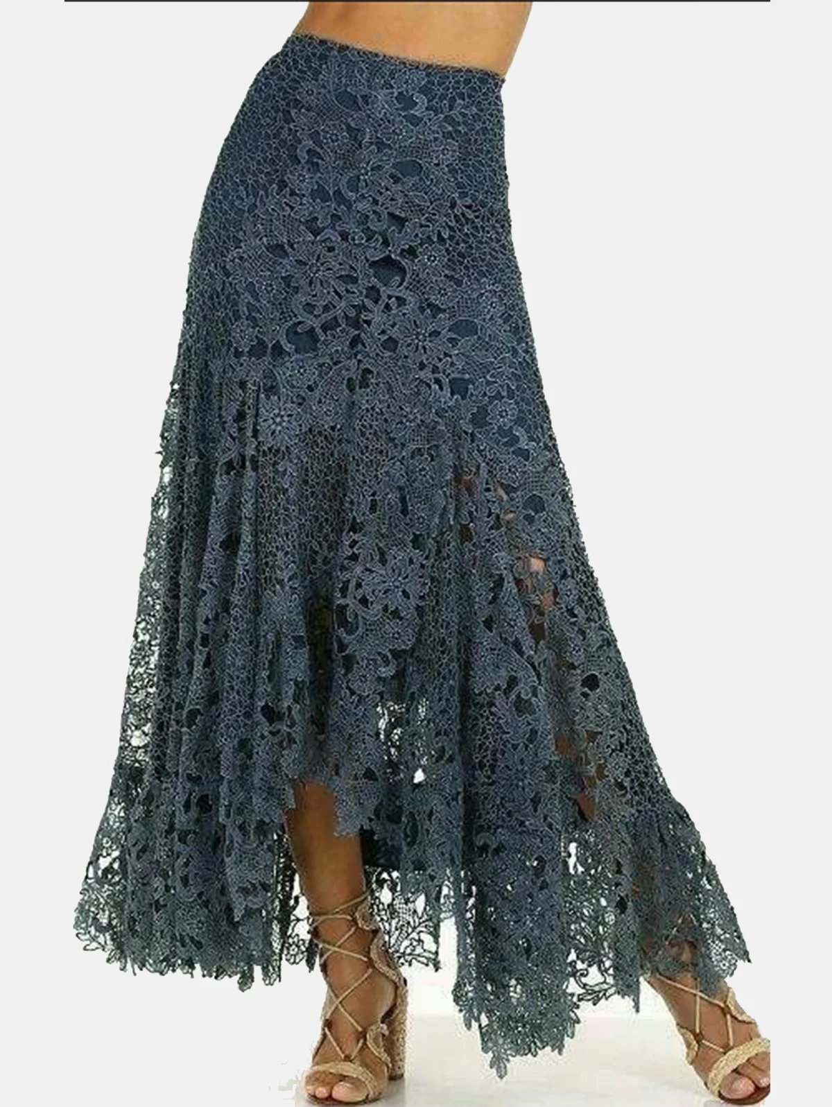 Asymmetric long skirt high waist in elegant lace bohemian style