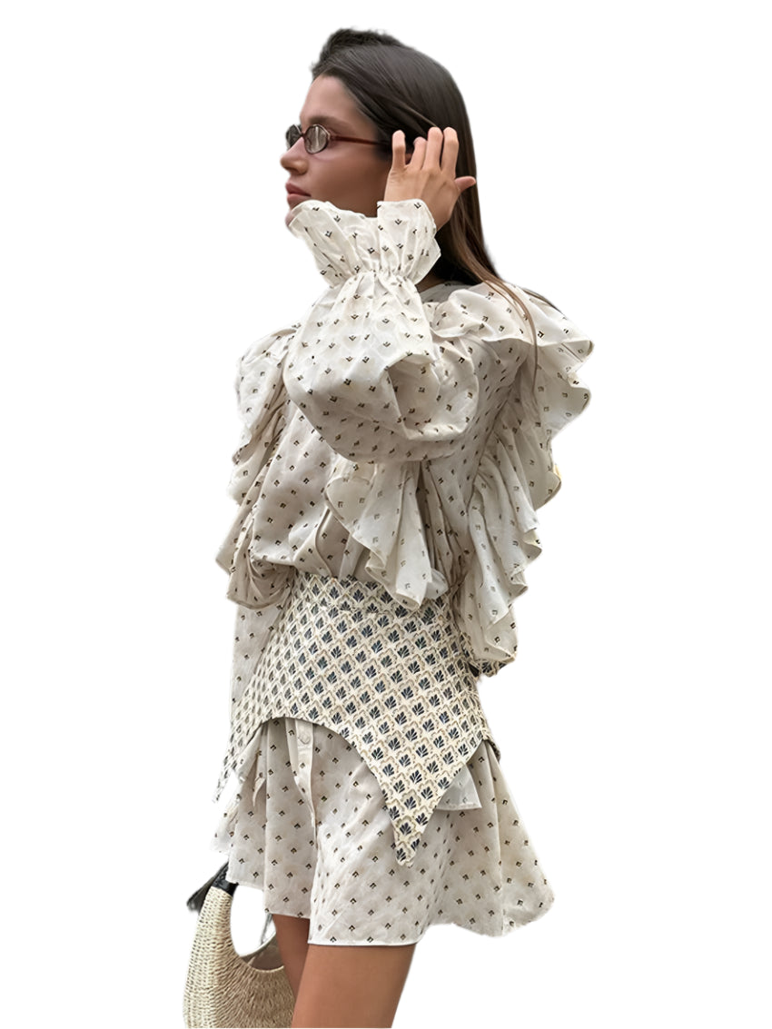 Printed flounced hem dress with elegant style belt for women