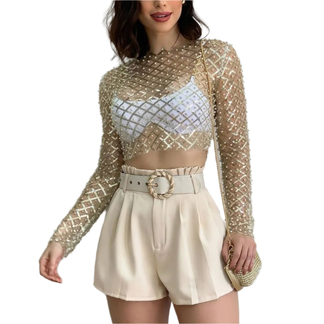 Chic transparent knit top for women – slim long sleeves