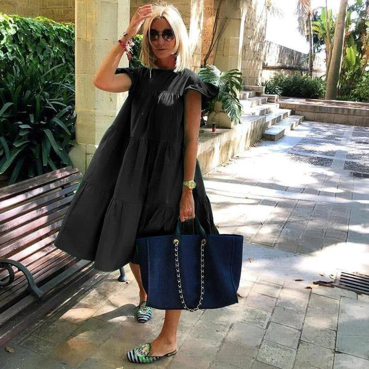 Oversized bohemian chic fluid flounced hem dress for women