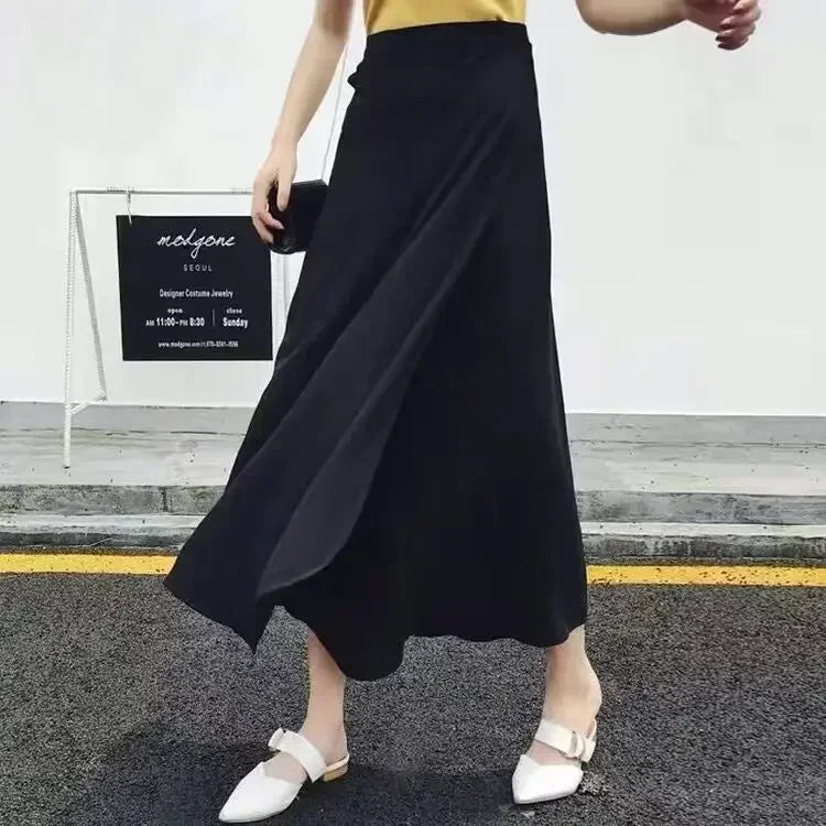 High-waisted long wrap skirt with floral details and slit for women