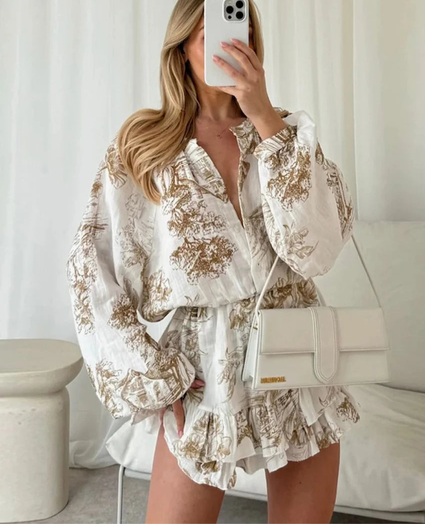 Fluid flounced hem dress with long sleeves high waist for women