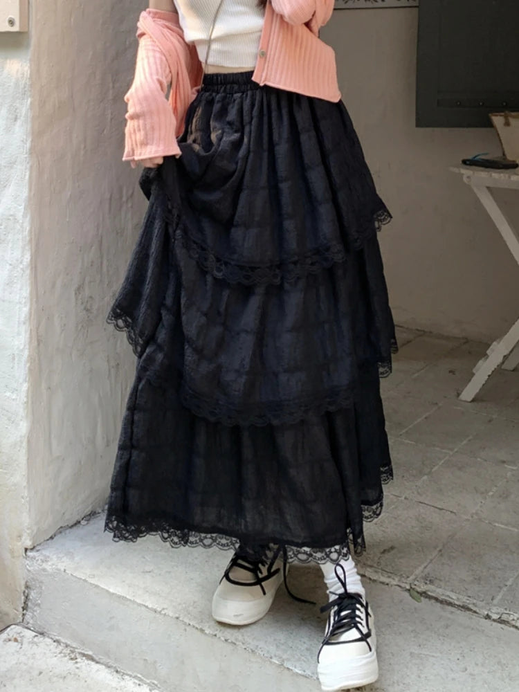 Long gothic skirt with layered lace ruffles - high waist and gathered