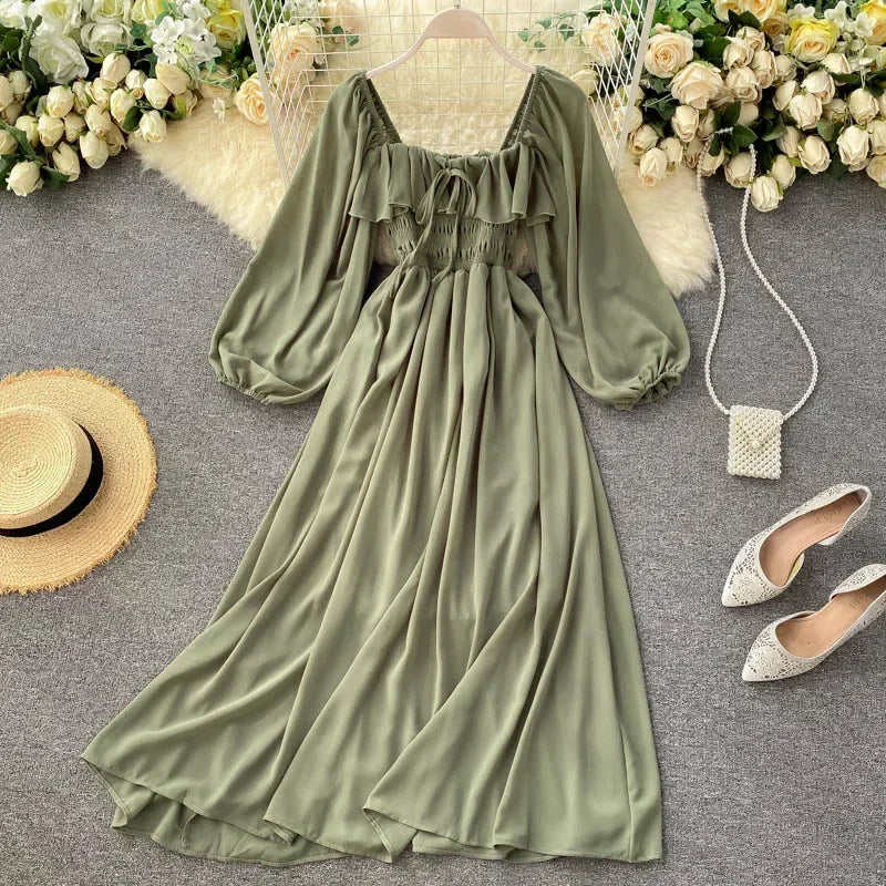 Fluid maxi dress with flounced hem, square neckline & balloon sleeves for women