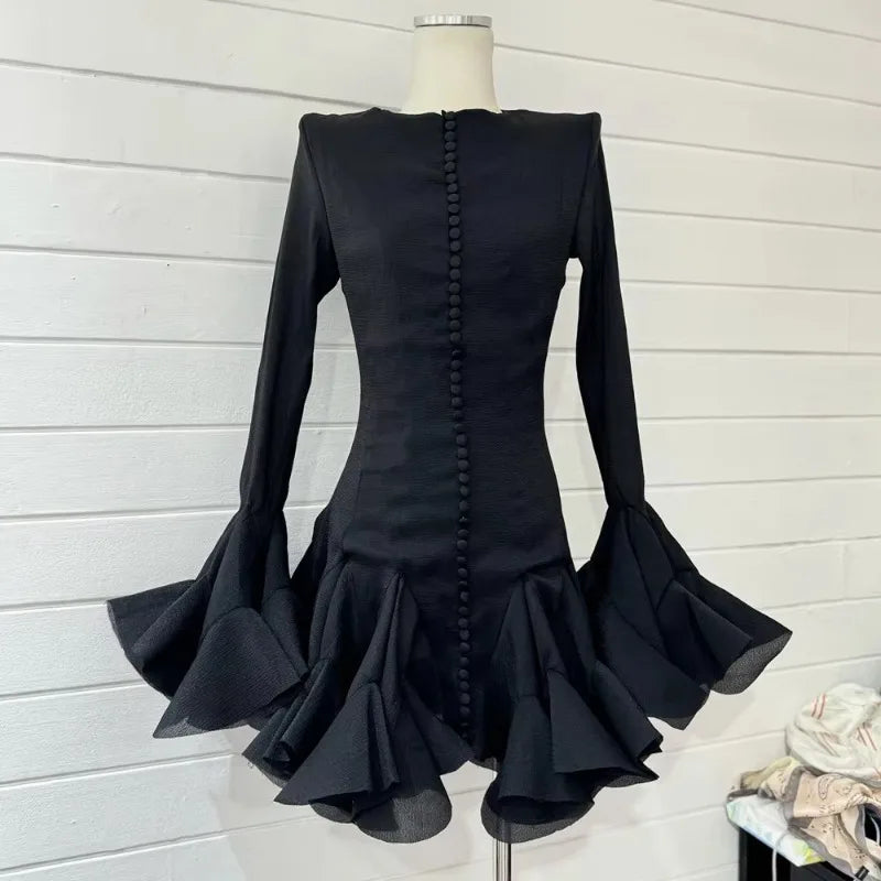 Chic flounced hem dress with long sleeves and round collar for women