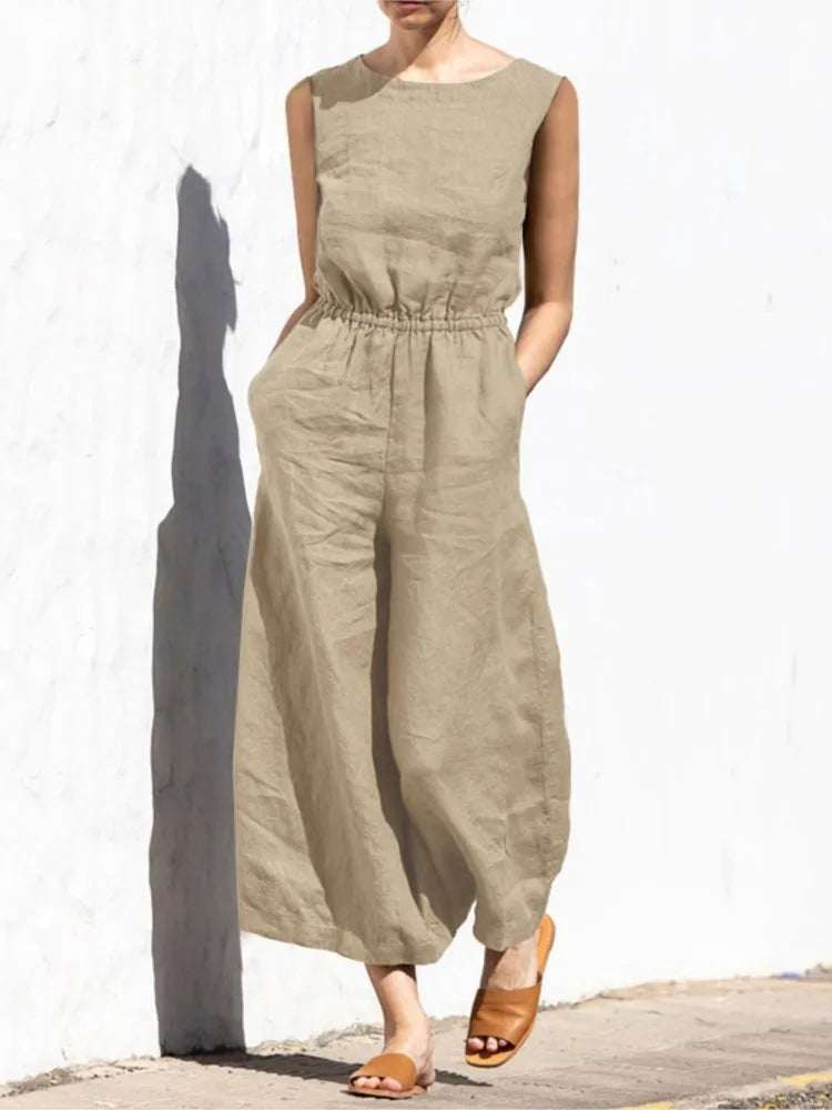 Combinaison en lin ample sans manches poches taille haute fluide