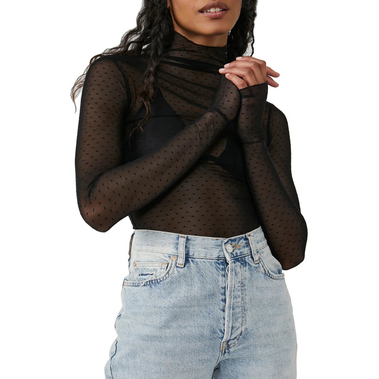 Transparent mesh top with high collar for women – long short sleeves
