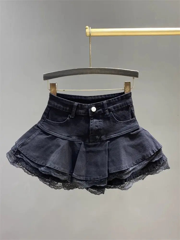 Mini-plisseret retro jeansnederdel til kvinder - Puffet nederdel med blonder