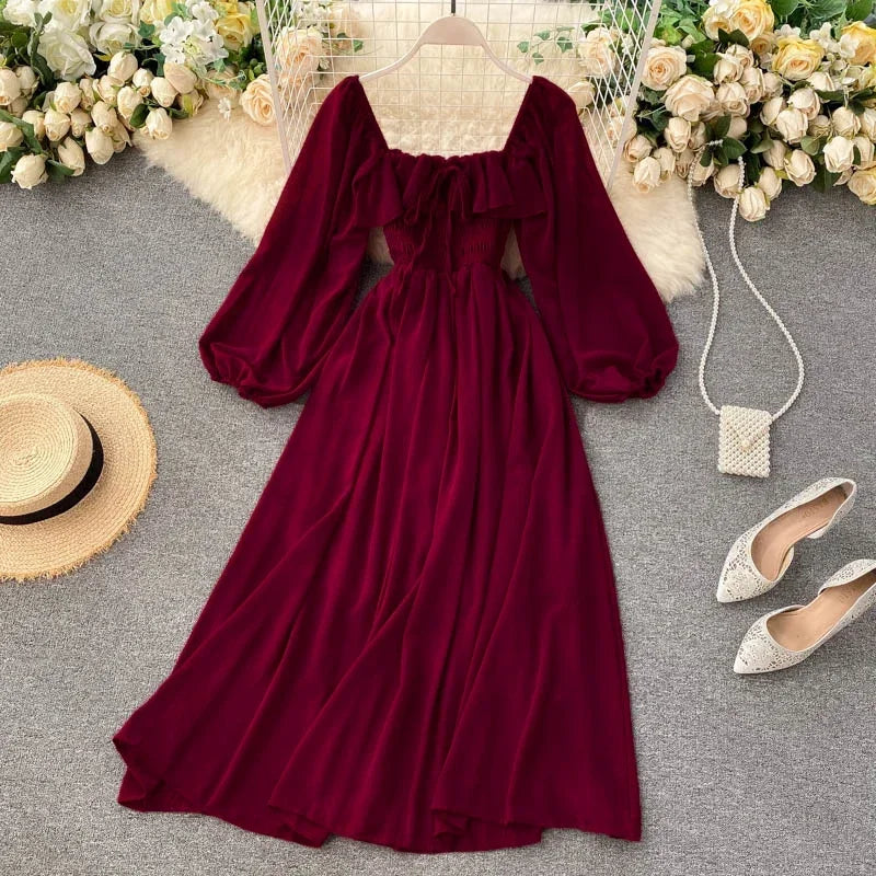 Fluid maxi dress with flounced hem, square neckline & balloon sleeves for women