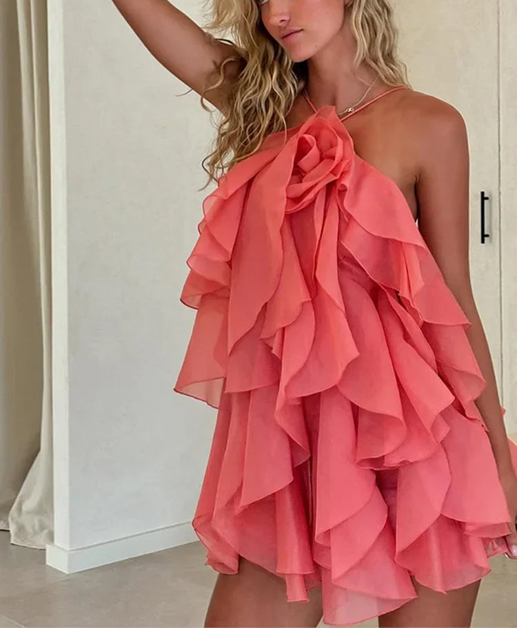 3D flower flounced hem halter & tied straps mini dress for women