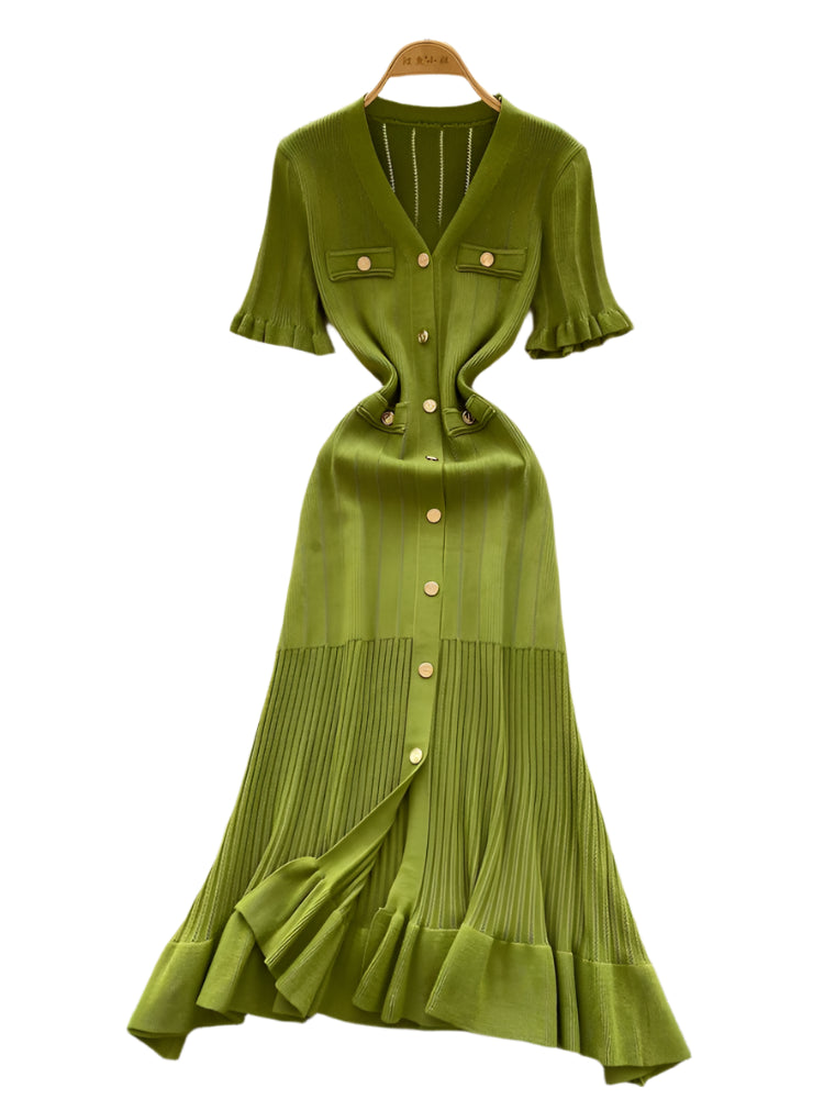 Robe d'été sirène en maille fine à col en V et boutons sur le devant pour femme