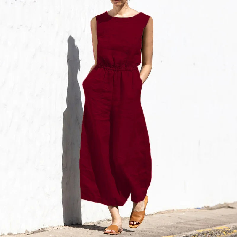 Combinaison en lin ample sans manches poches taille haute fluide