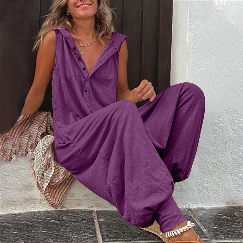 Combinaison en lin ample streetwear vintage avec capuche et poches