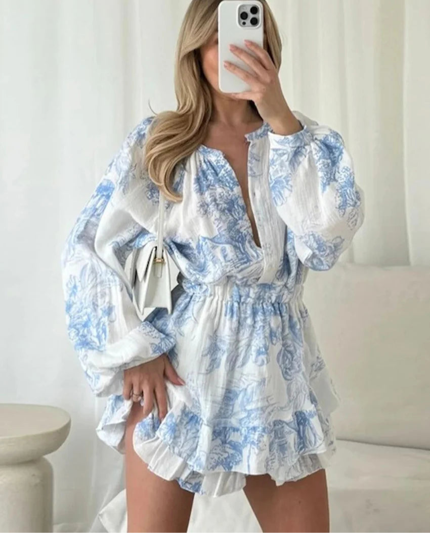 Fluid flounced hem dress with long sleeves high waist for women
