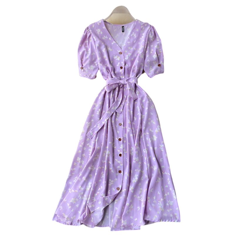 Midi floral dress with V-neck, puff sleeves and belt for women