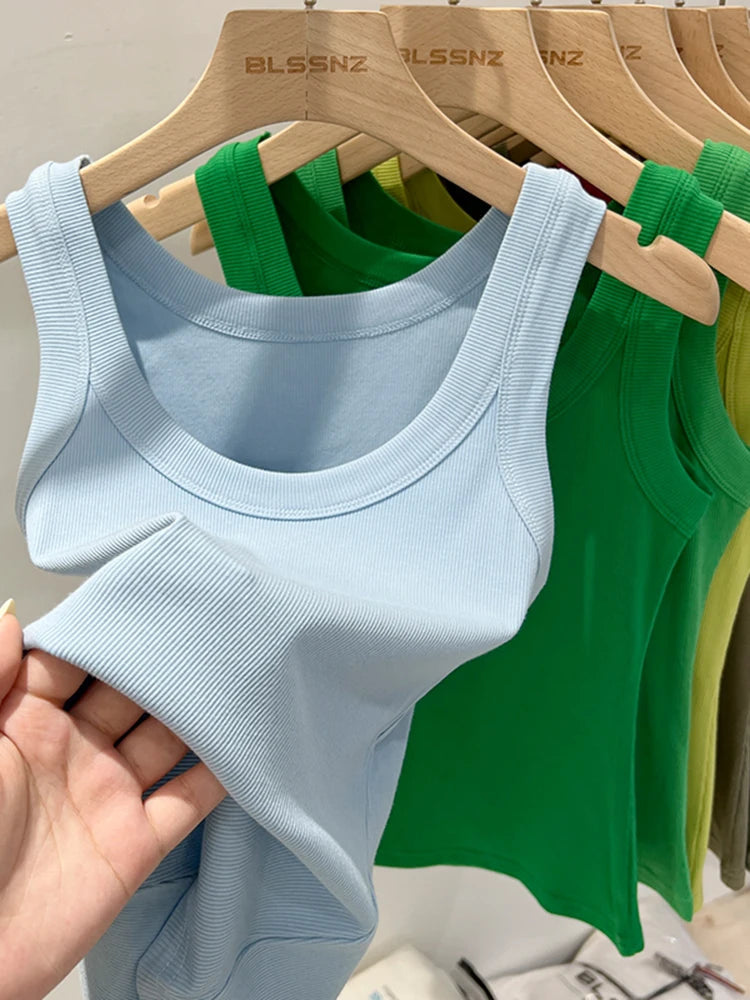 Elastic ribbed knit sleeveless round neck tank tops for women