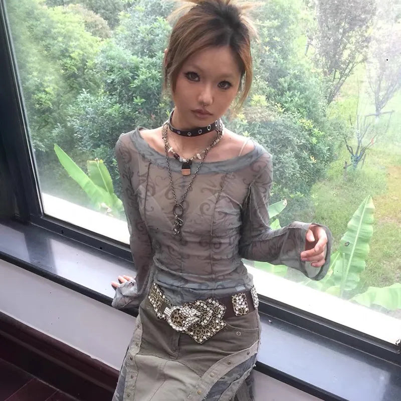 Vintage transparent mesh top for women – slim long sleeves