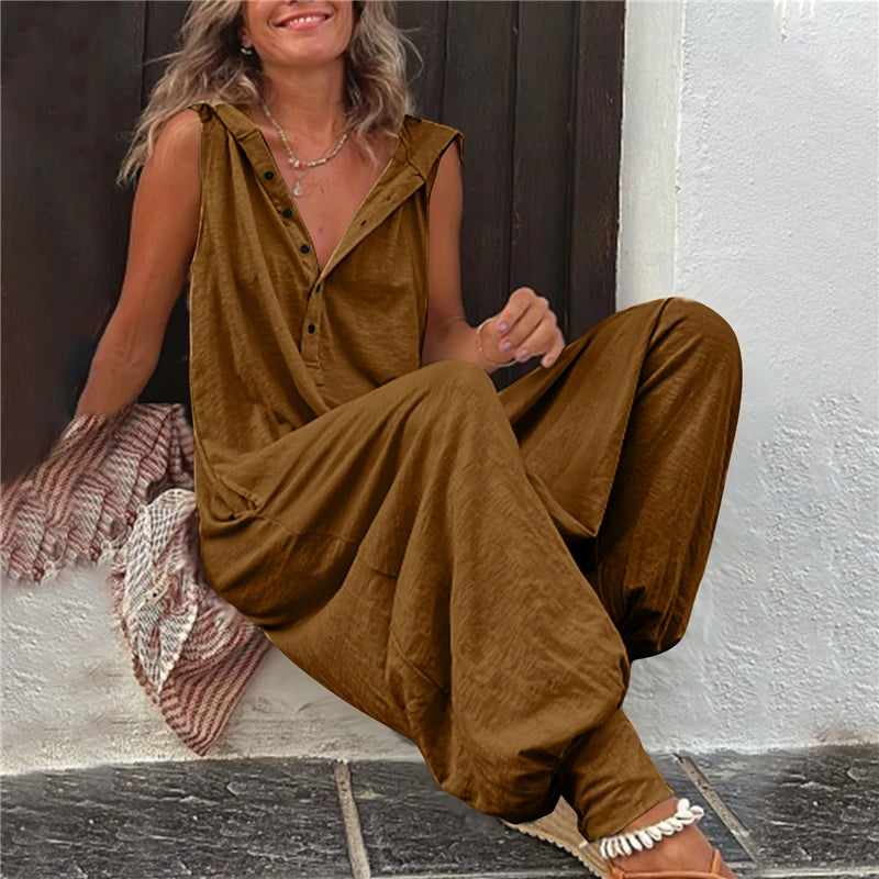Combinaison en lin ample streetwear vintage avec capuche et poches